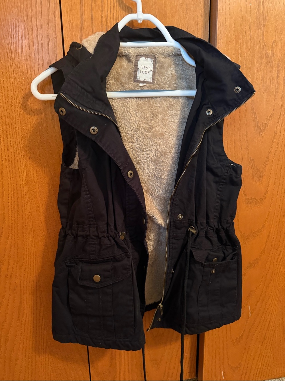 First Looks Black Utility Vest with Cream Sherpa Lining